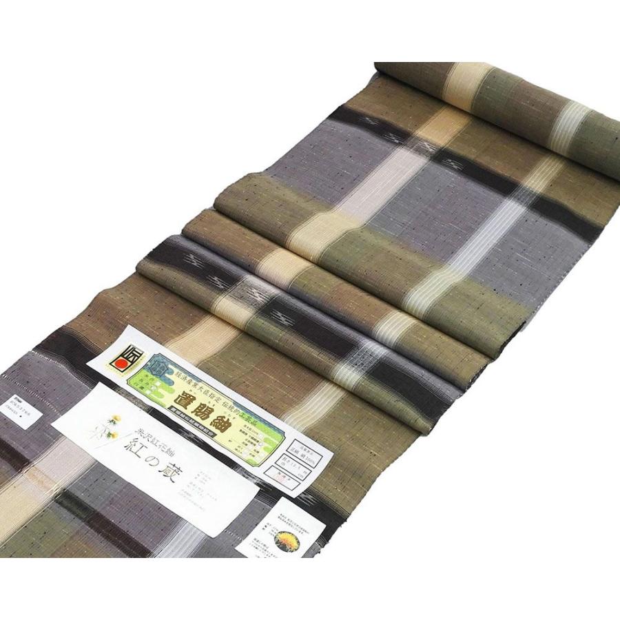 20％OFF！SALE 紬 正絹 伝統工芸品 置賜紬 渡源織物謹製 米沢紅花紬 横段 縦縞 幾何 反物 着物 新品 未仕立 d2026の画像