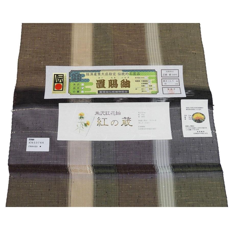 20％OFF！SALE 紬 正絹 伝統工芸品 置賜紬 渡源織物謹製 米沢紅花紬 横段 縦縞 幾何 反物 着物 新品 未仕立 d2026の画像