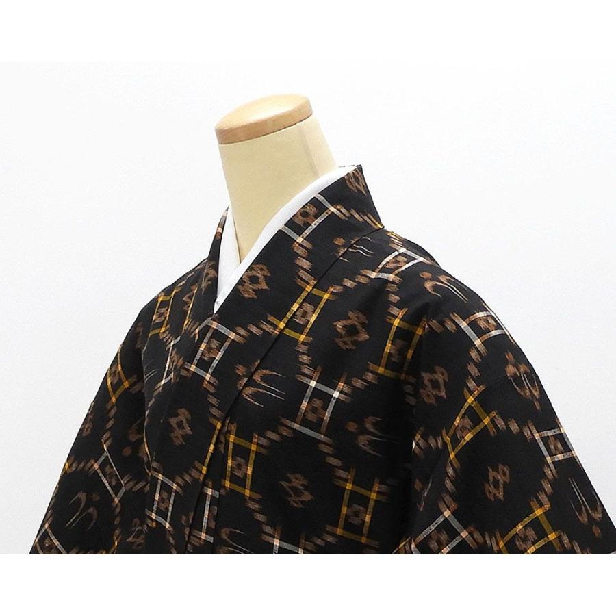 ゆめゆめ【結城紬】正絹飛び小紋 黒茶色 単衣 紬 未着用美品 正絹 絹結城紬 井桁燕絣模様 身丈160.5cm 裄丈65cm 未