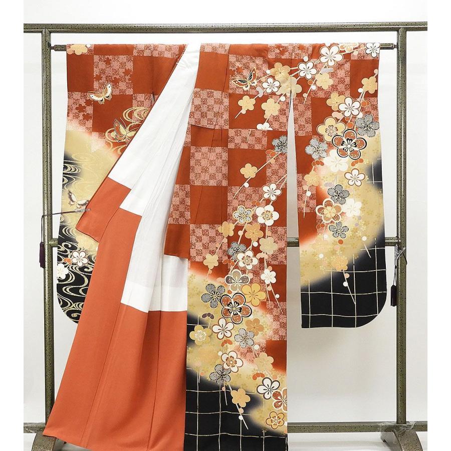 振袖 正絹 格子流水花模様 身丈165.5cm 裄丈66.5cm 振袖 リサイクル