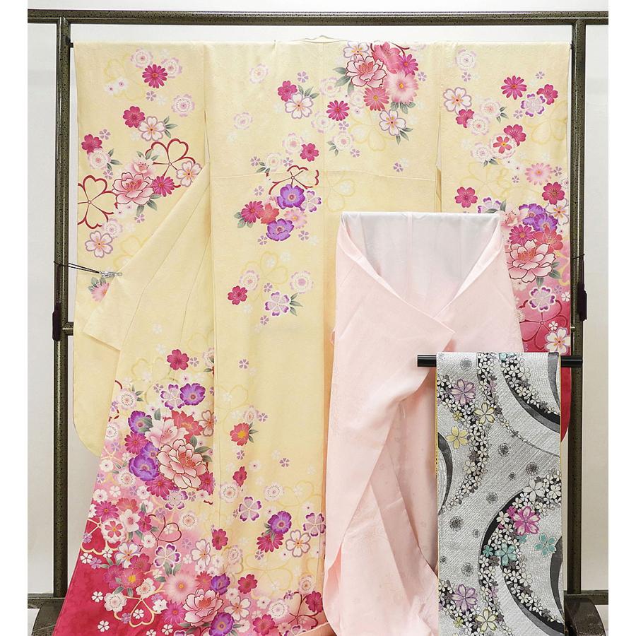 振袖 新品仕立済 正絹 四季花模様 身丈174cm 裄丈70cm 振袖3点セット 新品 仕立て上がり 着物 e0779