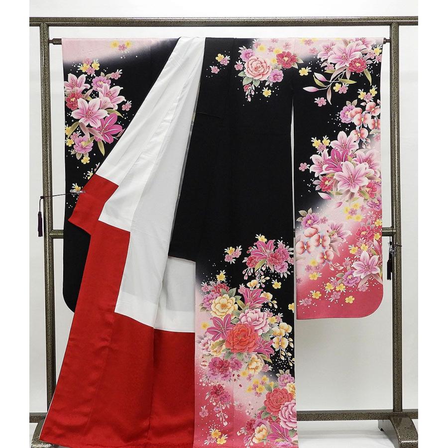 振袖 正絹 百合牡丹蘭模様 身丈170cm 裄丈68cm 美品 リサイクル 着物 