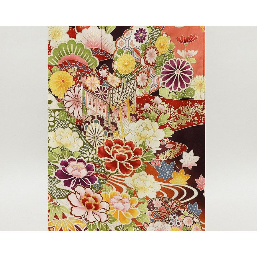 振袖 正絹 鼓四季花御所車模様 身丈174.5cm 裄丈70cm 美品 リサイクル 
