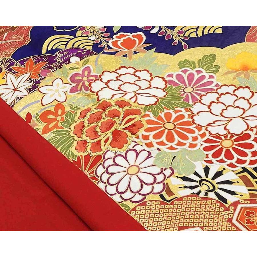 正絹共仕立て長襦袢付き 吉祥花文振袖 赤 花柄振袖 レース帯 ガード
