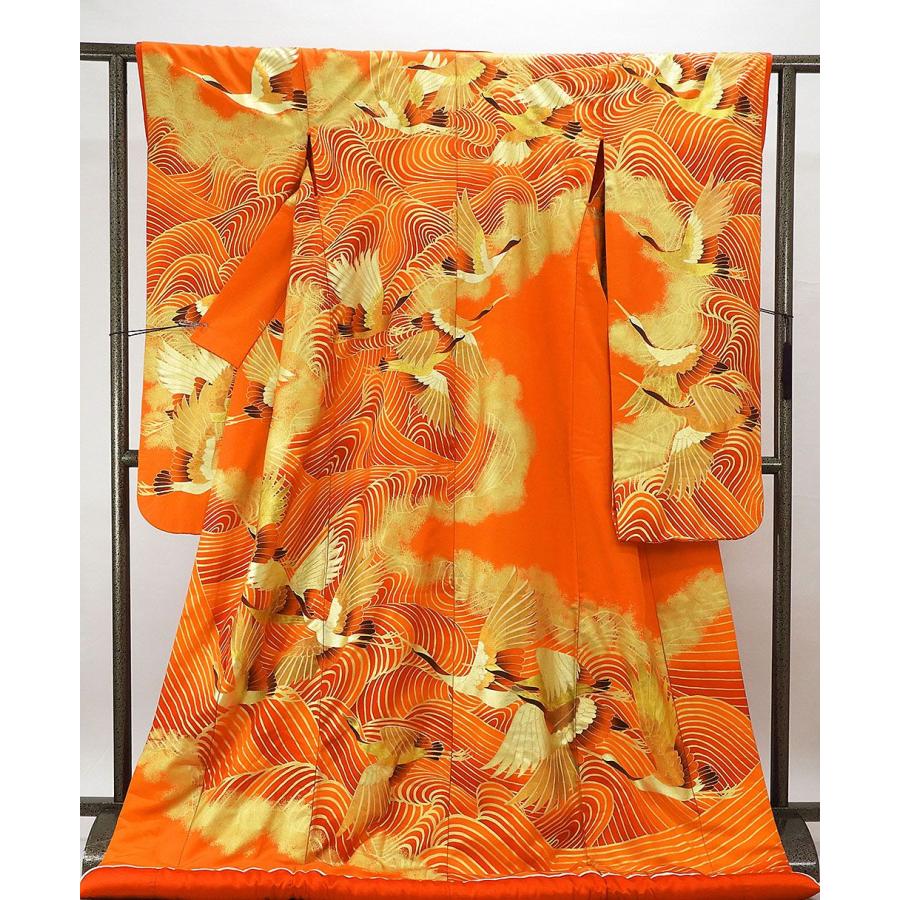 色打掛 正絹 立浪舞鶴模様 打掛 花嫁衣裳 婚礼 リサイクル ブライダル ウエディング 着物 e3105 色打掛 正絹 立浪舞鶴模様 打掛 花嫁衣裳 婚礼 リサイクル 中古