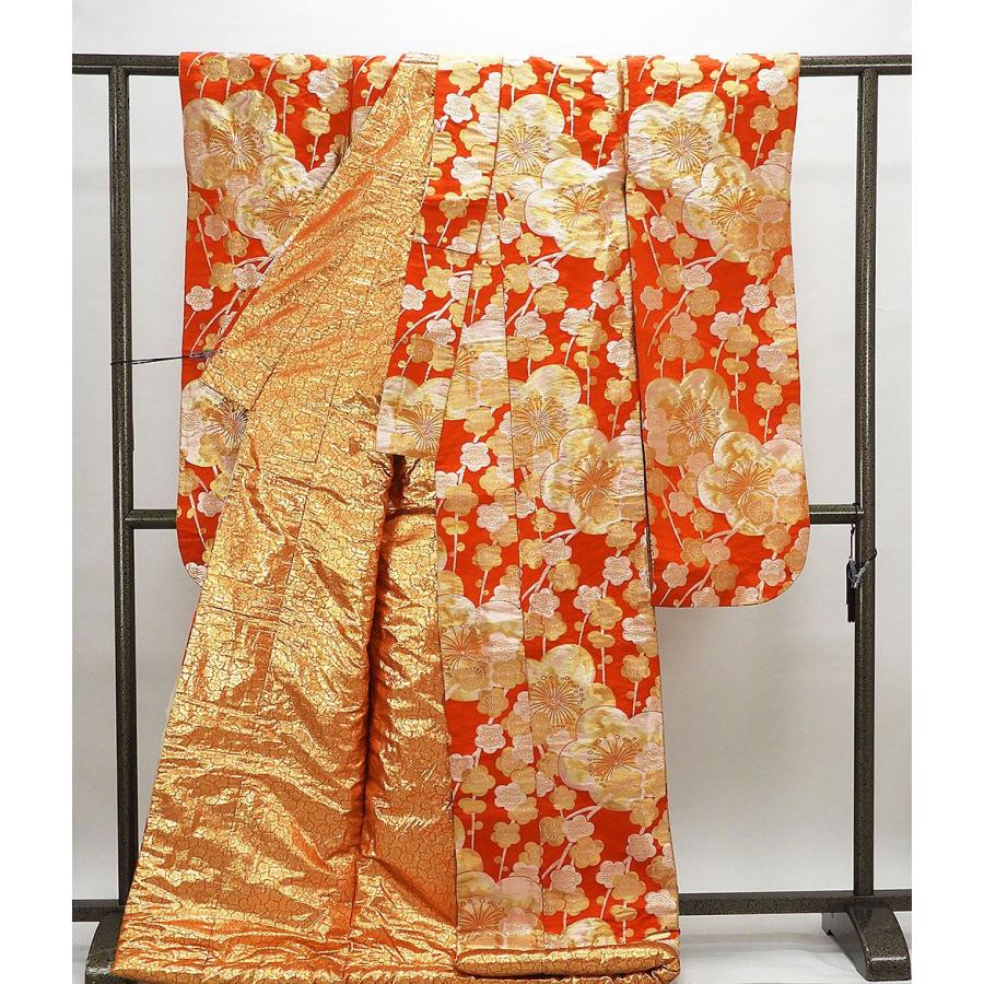 色打掛 飛び鶴に松竹梅文様 刺繍 金糸 赤x金x緑 絹 婚礼衣装 色打掛 飛び鶴に松竹梅文様 刺繍 金糸 赤x金x緑 絹 婚礼衣装