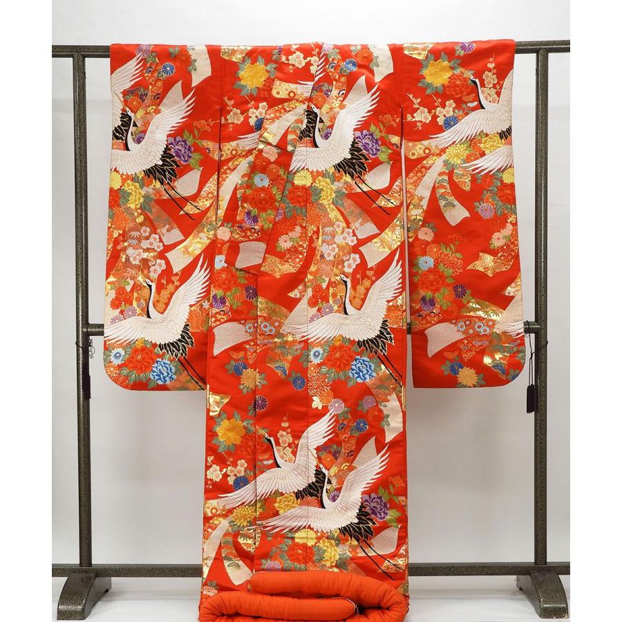 色打掛 正絹 舞鶴四季花模様 打掛 花嫁衣裳 婚礼 リサイクル 中古