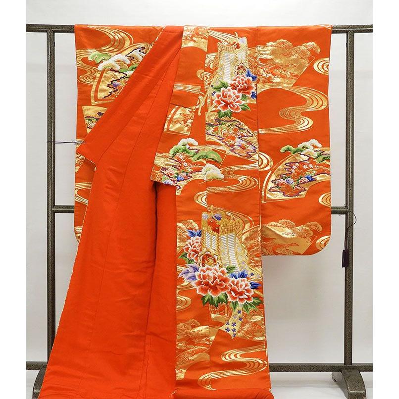 色打掛 正絹 四季花扇面御所車模様 打掛 花嫁衣裳 婚礼 良品