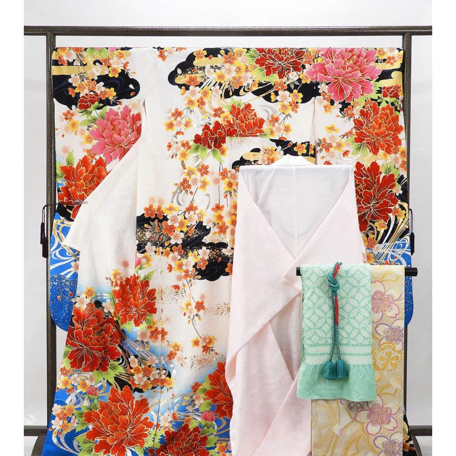 正絹美品縮緬，四季花文様，振袖□他全て新品，振袖用高級正絹袋帯□5