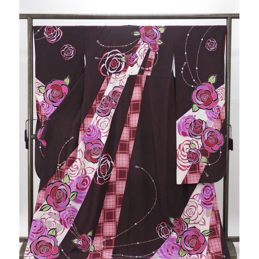 振袖 正絹 薔薇格子模様 5点セット 身丈168cm 裄丈66cm 袋帯 長襦袢 帯締め