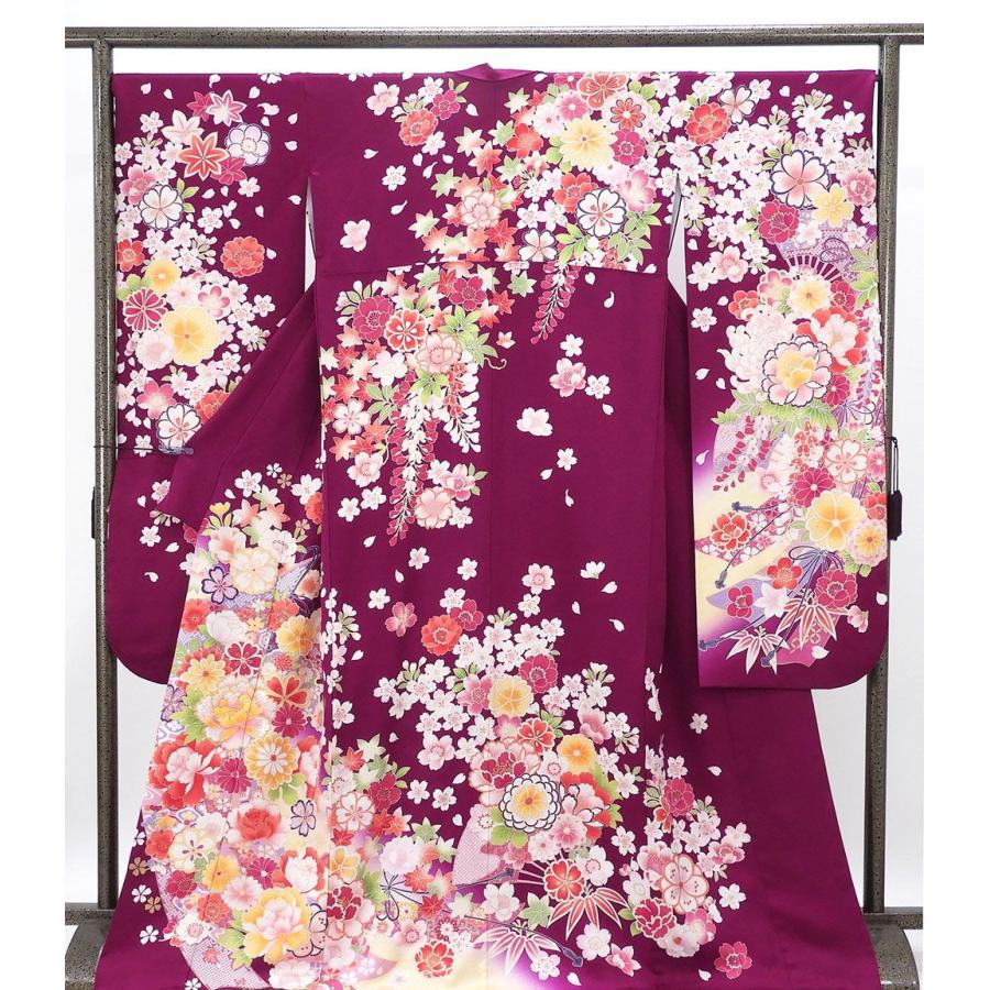 振袖 正絹 雪輪 四季花 身丈169cm 裄丈68cm 良品 中古 リサイクル 着物