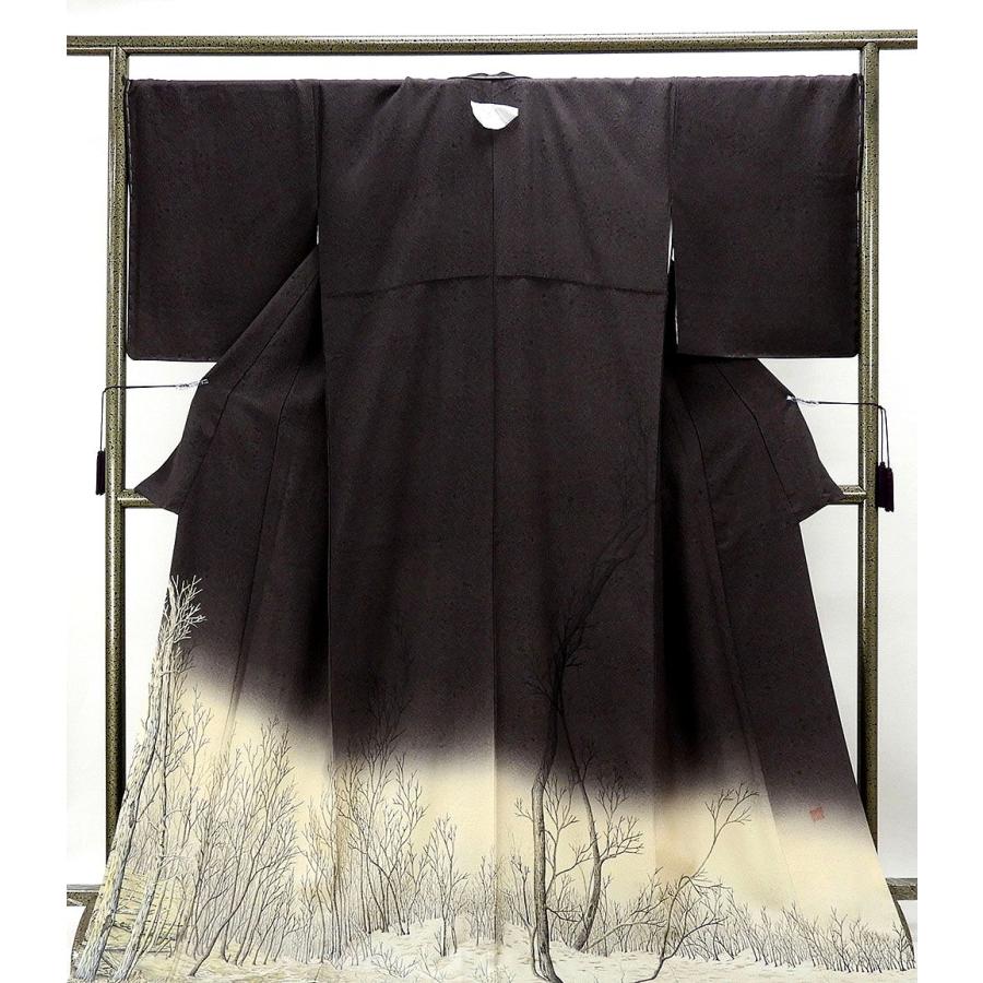 お値下げ中！【色留袖】未使用美品 一つ紋・落款有り身丈153cm 卒業式・入学式 色留袖 正絹 黒部風景模様 一つ紋 リサイクル 着物 f0703 : きもの翔鶴