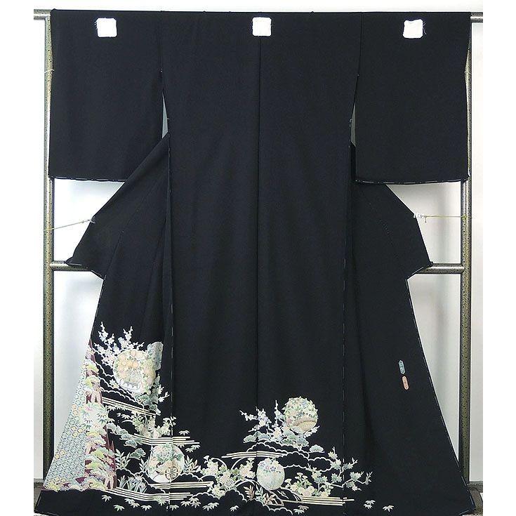 超美品 正絹 着物 黒留袖 袷 166 現代 手書き 友禅 作家物 広襟 トール