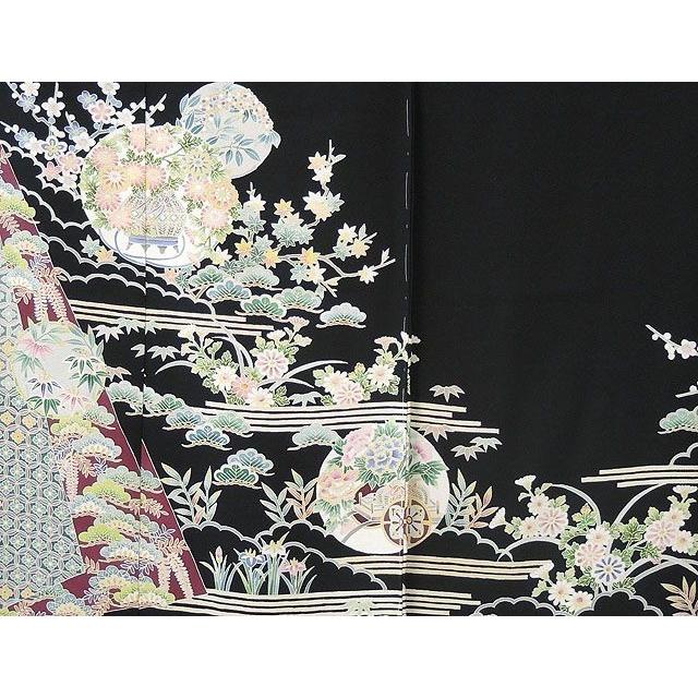 美品❇️京加賀手描友禅作家落款入り 正絹黒留め袖　比翼仕立て五つ紋フルセット 留袖 正絹 加賀友禅 河江真百美作 四季 黒留袖 未仕立 仮絵羽 着物