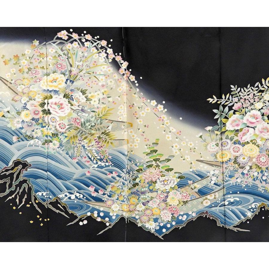 加賀友禅 松島仁司 黒留袖 落款入 仮絵羽 未仕立て品 正絹 八掛付き