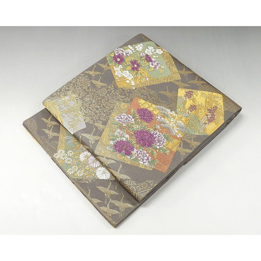 袋帯 正絹 じゅらく帝王紫 舞鶴四季花模様 良品 リサイクル 中古