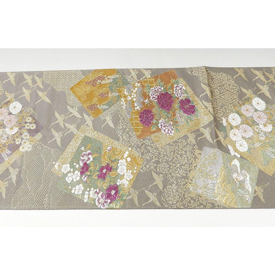 袋帯 正絹 じゅらく帝王紫 扇面舞鶴花模様 袋帯 良品 リサイクル