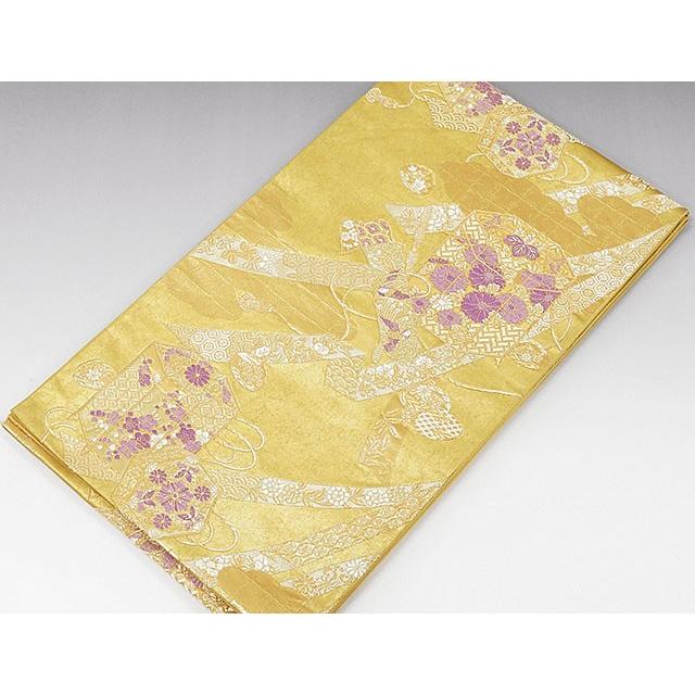 袋帯 正絹 じゅらく帝王紫 四季花貝桶模様 良品 リサイクル 中古