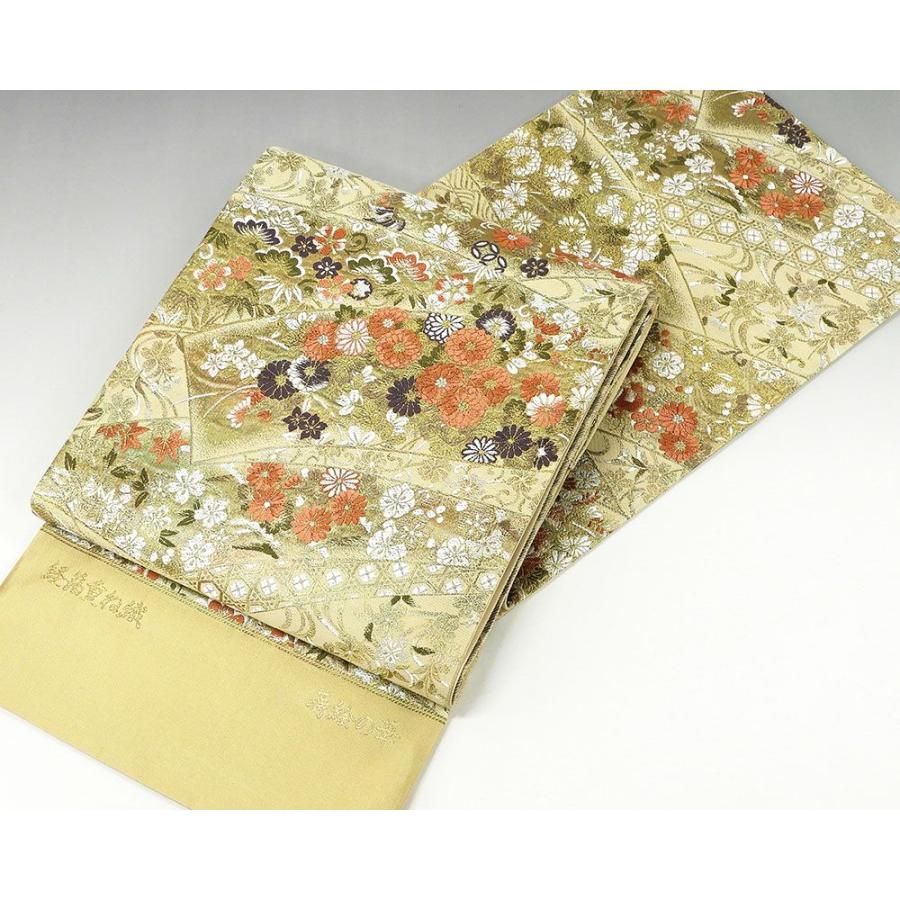 袋帯 新品仕立付き 正絹 西陣 大光謹製 経箔重ね織 蒔絵の華模様 袋帯 未仕立 仕立て代込み g1495 袋帯 新品仕立付き 正絹 西陣 大光謹製 経箔重ね織 蒔絵の華模様 未