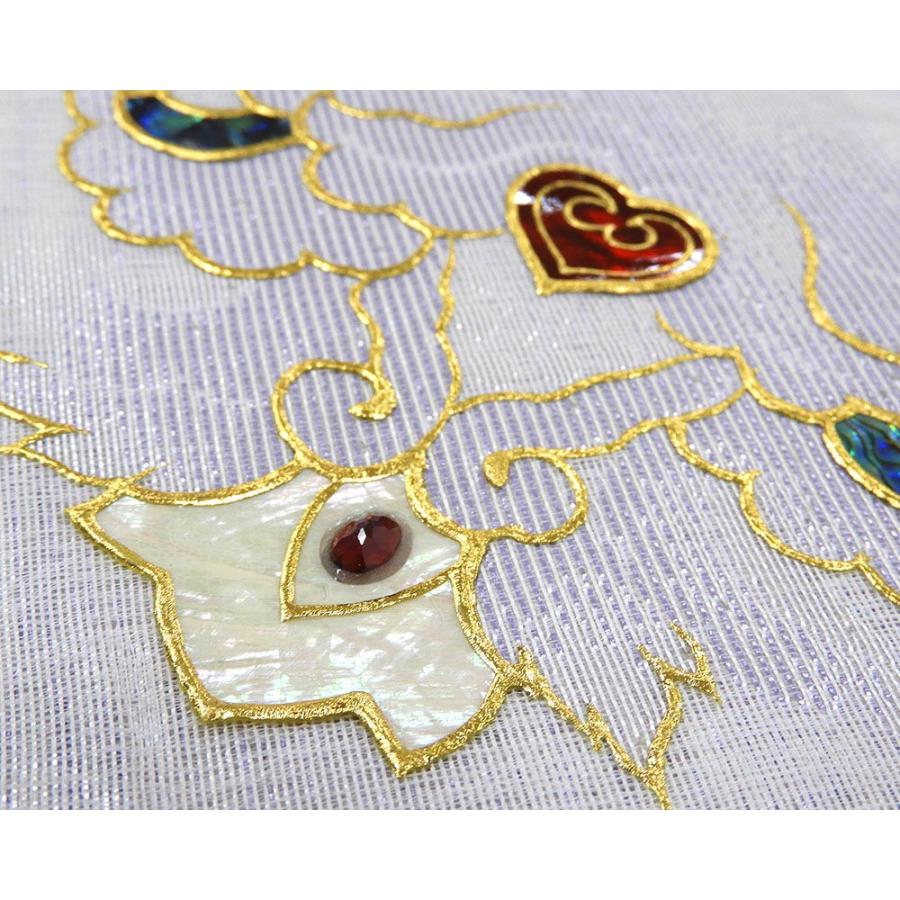 袋帯 新品 仕立て上がり 螺鈿作家 藤本隆士作 唐花 西陣 華翔苑謹製 ガーネット 袋帯 新品仕立済 パーティー g2928の画像