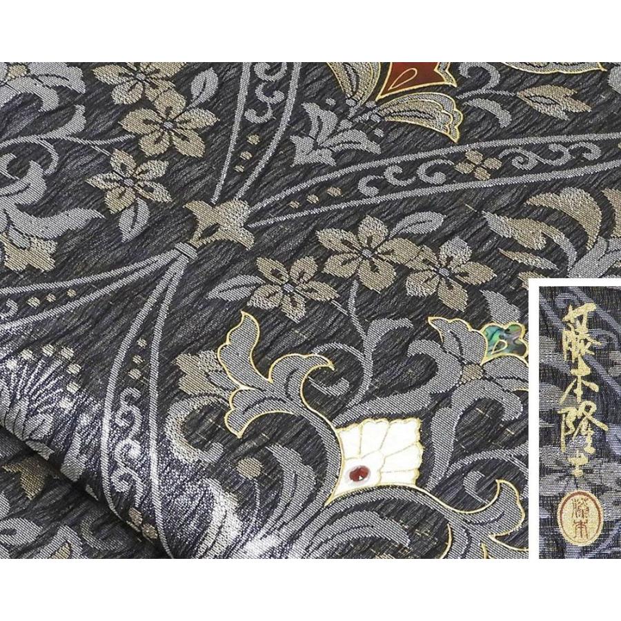袋帯 新品 仕立て上がり 螺鈿作家 藤本隆士作 唐花 西陣 華翔苑謹製 ガーネット 袋帯 新品仕立済 パーティー g2934の画像