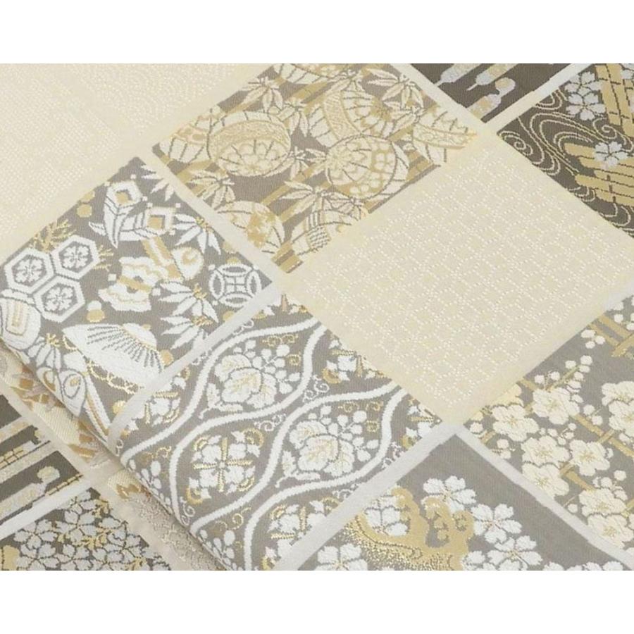 袋帯 新品 仕立て上がり 西陣 廣部商事謹製 格子 吉祥 四季花 袋帯 小難あり 新品仕立済 パーティー g2987の画像