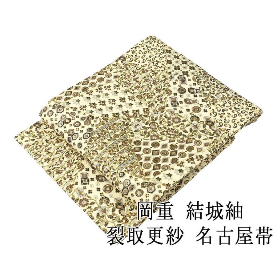 名古屋帯 新品仕立済 正絹 岡重 結城紬 裂取更紗模様 名古屋帯 新品 仕立て上がり h2838 名古屋帯 新品仕立済 正絹 岡重 結城紬 裂取更紗模様 新品 仕立て