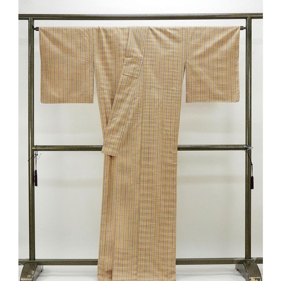20％OFF！SALE 単衣 紬 新品仕立済 正絹 単衣 紅彩華 格子模様 身丈165cm 裄丈68cm 紬 新品 仕立て上がり 着物 wd1010の画像