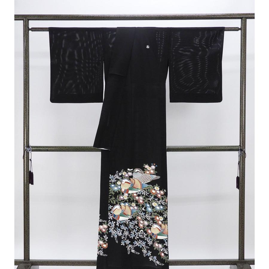 夏物 絽留袖 正絹 鴛鴦 草花 身丈155cm 裄丈66cm 丸に渡辺星 五つ紋 黒留袖 夏物 美品 中古 リサイクル 着物 結婚式 wf0002 夏物 絽留袖 正絹 鴛鴦 草花 身丈155cm 裄丈66cm 丸に渡辺星 五つ紋 黒