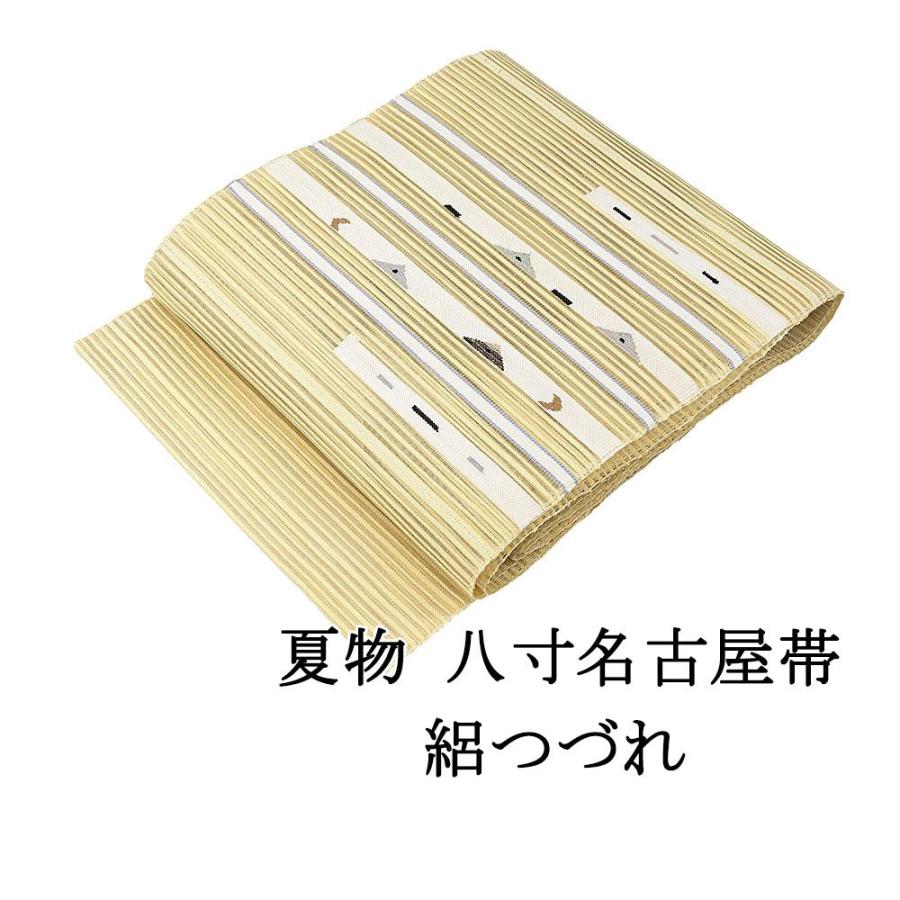 ★専用★名古屋帯 絽綴れ　幾何柄　長さ3m70cm お洒落 普段着 正絹 夏帯 名古屋帯 絽綴れ 正絹 新品 仕立て上がり 卵色 横縞 幾何学 夏八