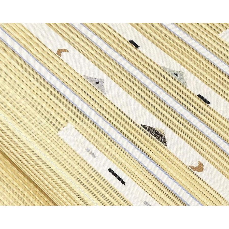 夏帯 名古屋帯 絽綴れ 正絹 新品 仕立て上がり 卵色 横縞 幾何学 夏八