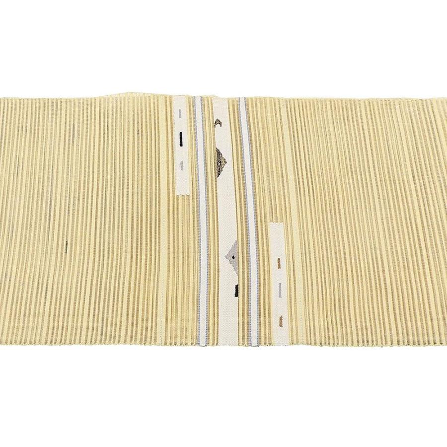 夏帯 名古屋帯 絽綴れ 正絹 新品 仕立て上がり 卵色 横縞 幾何学 夏八