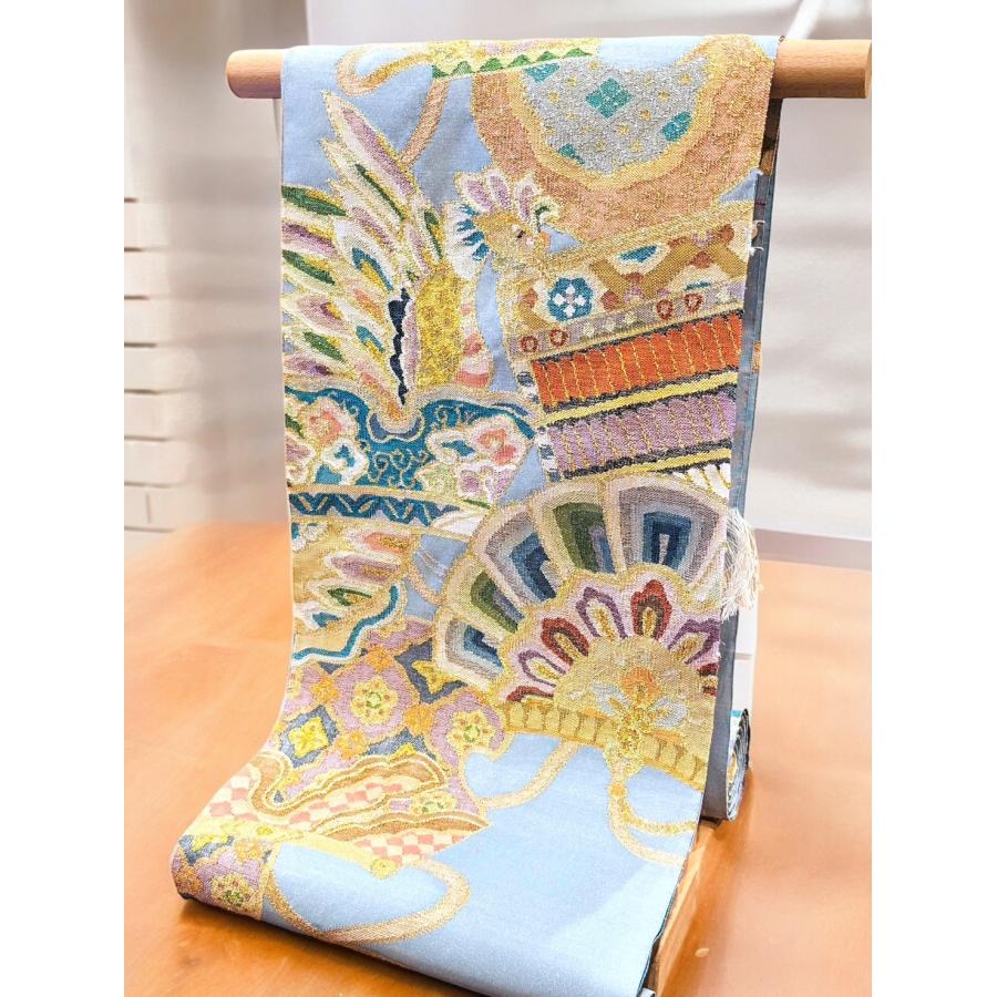 西陣織 手織り彩り蜀甲華紋 水色 六通柄袋帯