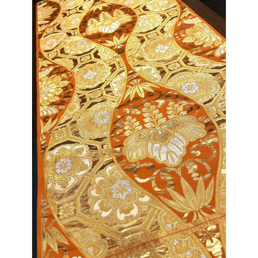 I563厳選西陣 本金箔丸帯 振袖可 絵巻紋 金色地 全通正絹高級美術袋帯 