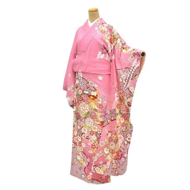 振袖 正絹 長襦袢 2点セット 花文様 仕立上り ピンク 金駒刺繍 L
