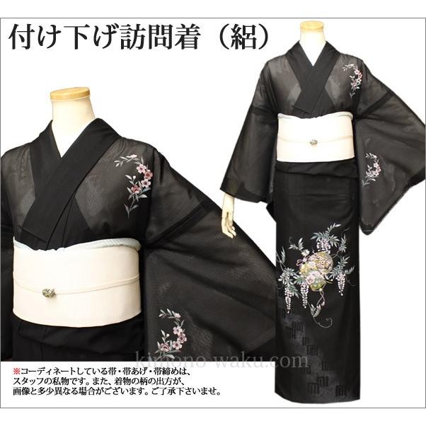 洗える夏着物(絽・付け下げ訪問着) Lフリーサイズ 黒色地に花柄 洗える夏着物(絽・付け下げ訪問着) Lフリーサイズ 黒色地に花柄
