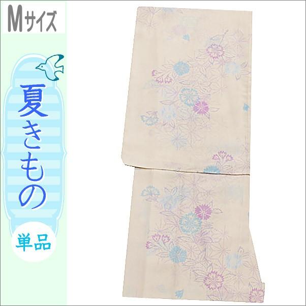 洗える着物 絽 紗 小紋 夏着物 Mサイズ アイボリー色地に撫子柄 : 着物