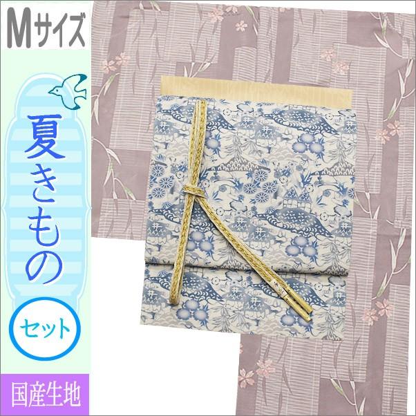 夏着物セット 洗える 絽 紗 Ｍサイズ お茶用 赤藤系地に花と笹柄の着物
