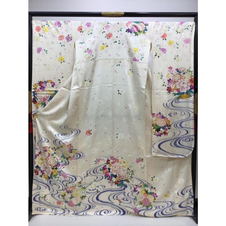 着物 振袖 流水に四季花 長襦袢付き 未使用 中古 花柄 ベージュ 正絹