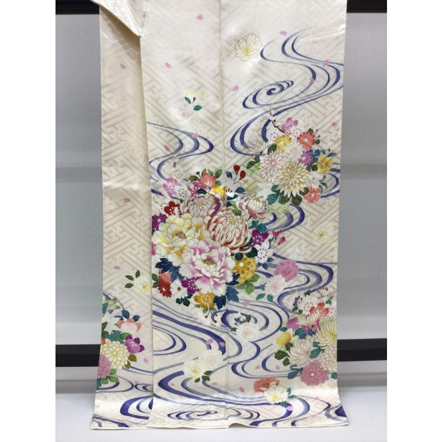 着物 振袖 流水に四季花 長襦袢付き 未使用 中古 花柄 ベージュ 正絹