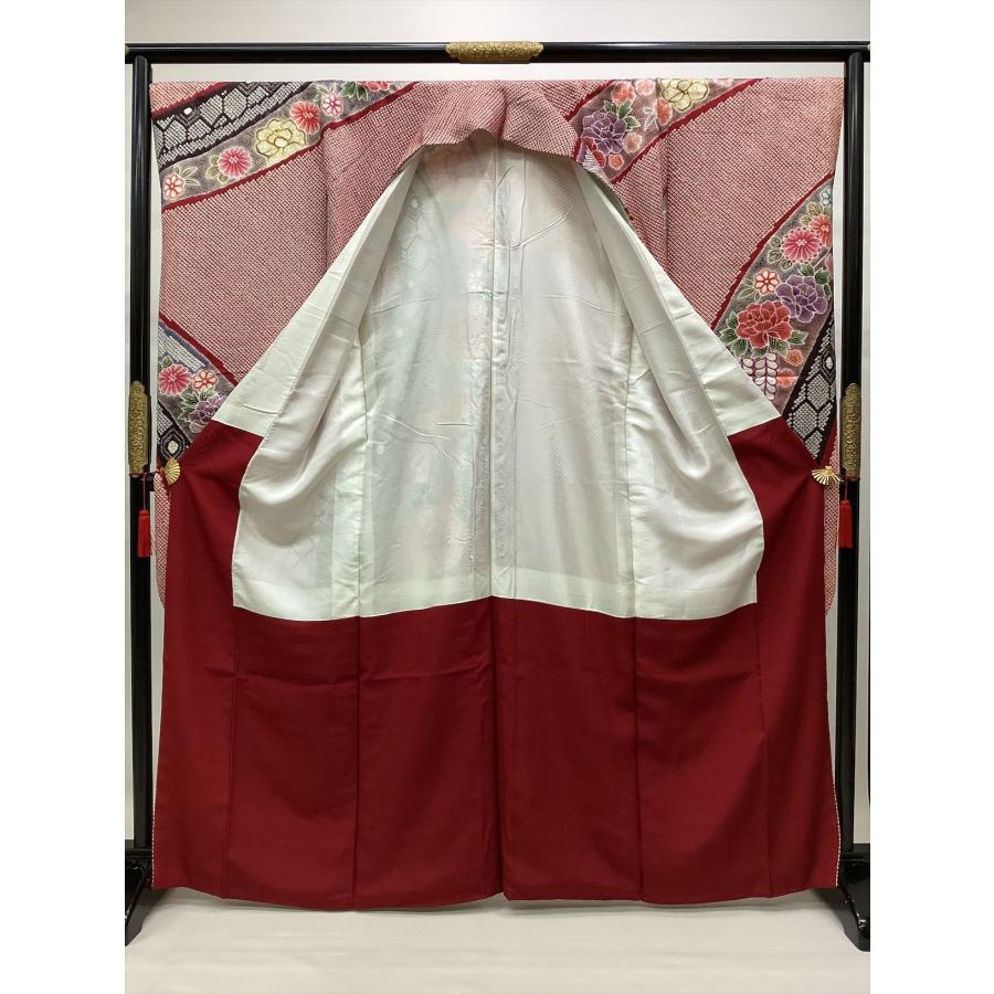 着物 振袖 総絞り振袖 長襦袢付き 良好 中古 花柄 赤 正絹 裄68cm 