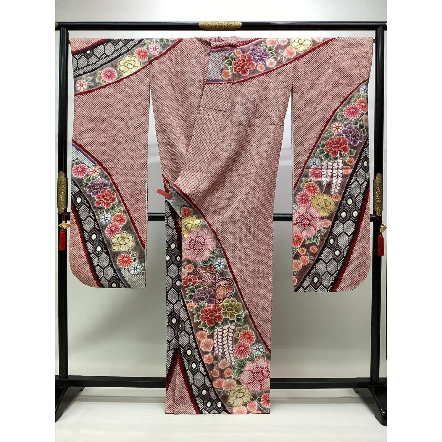 着物 振袖 総絞り振袖 長襦袢付き 良好 中古 花柄 赤 正絹 裄68cm 