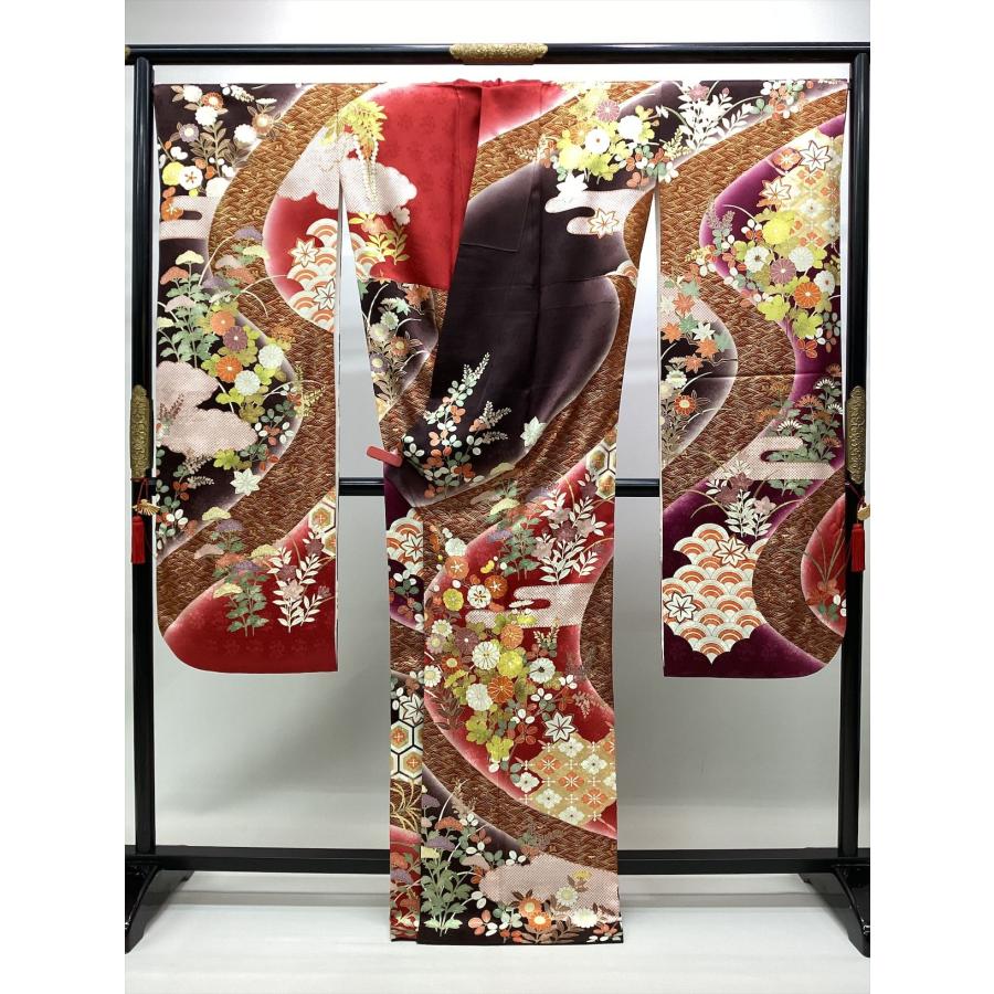 着物 振袖 長襦袢付き 良好 中古 花柄 マルチカラー 正絹 裄69cm