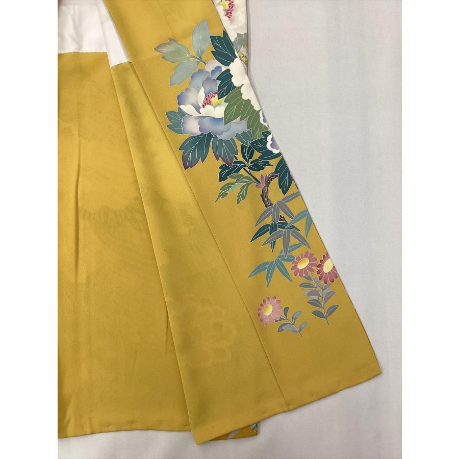 着物 振袖 友禅 良好 中古 花柄 黄 正絹 裄68.5cm レディース 女性