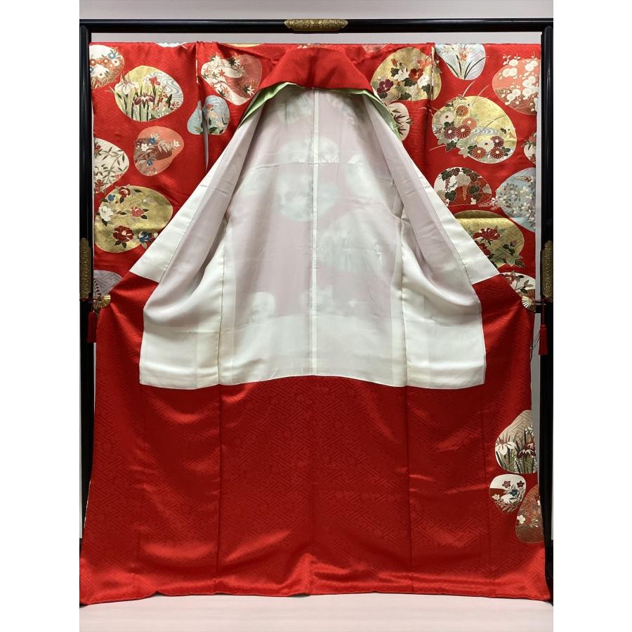 着物 振袖 綸子地 貝合わせに四季花 重衿付 良好 中古 花柄 赤 正絹 裄