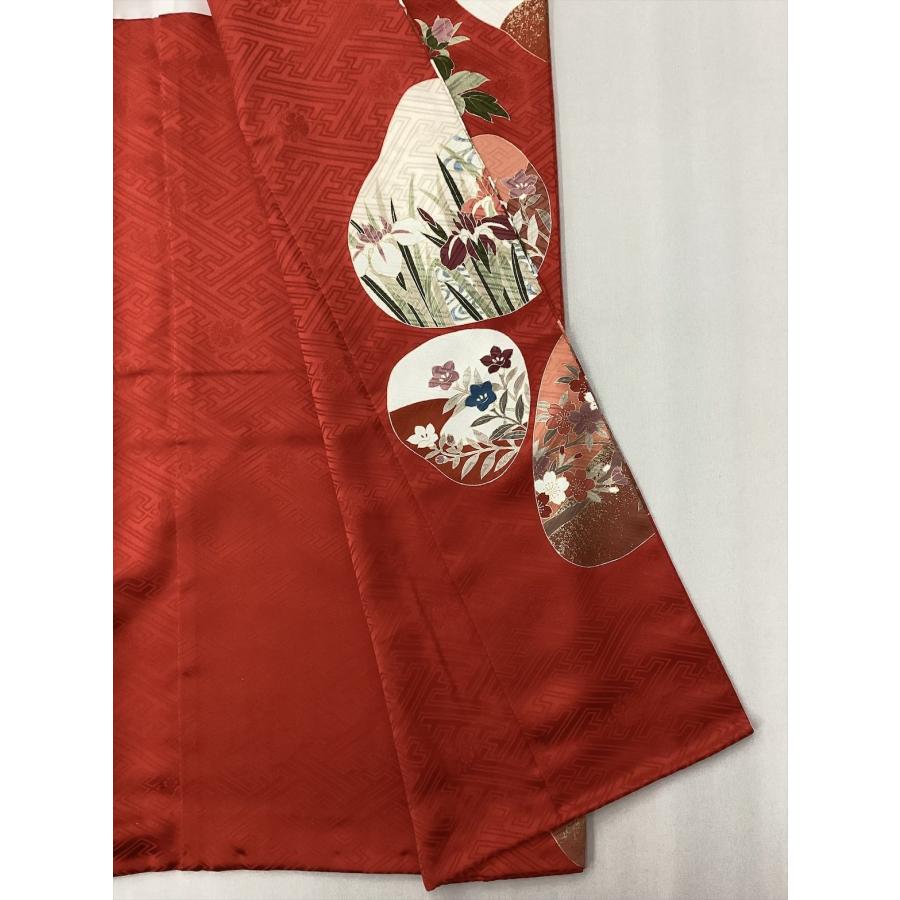 着物 振袖 綸子地 貝合わせに四季花 重衿付 良好 中古 花柄 赤 正絹 裄