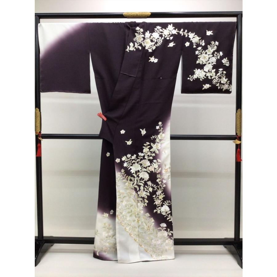 着物 訪問着 刺繍訪問着 未使用 花柄 紫 正絹 裄70.5cm レディース 