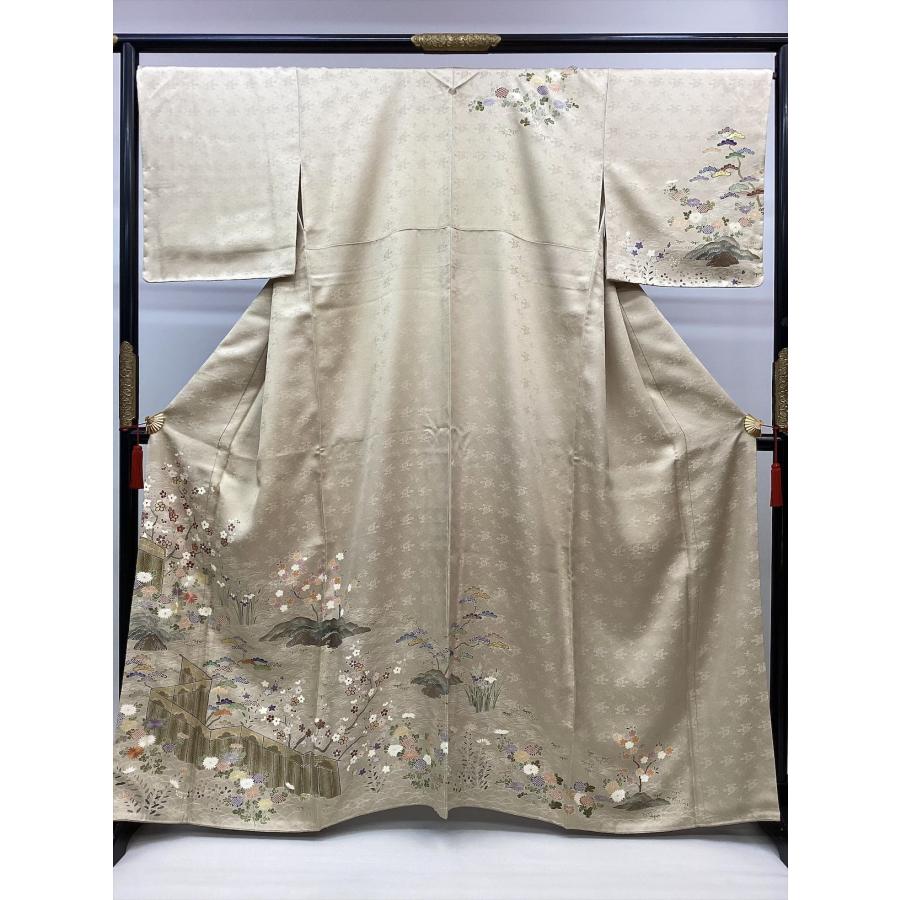 着物 訪問着 縫一ッ紋入り 未使用 中古 草花柄 ベージュ 正絹 裄67.5cm 