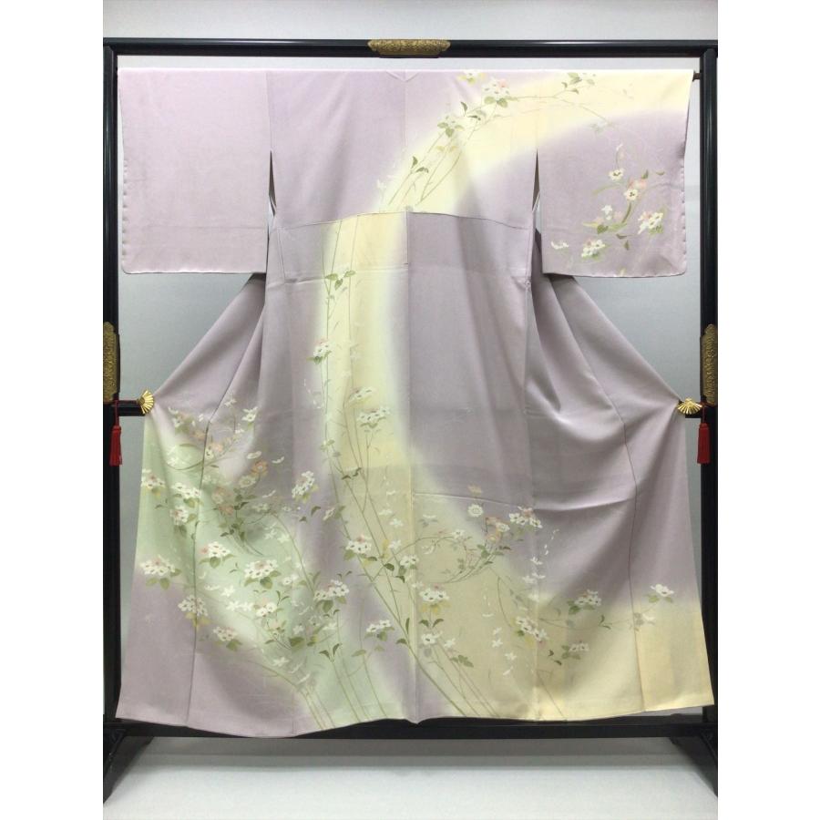 着物 訪問着 未使用 中古 花柄 薄紫色 正絹 裄66cm レディース 女性 