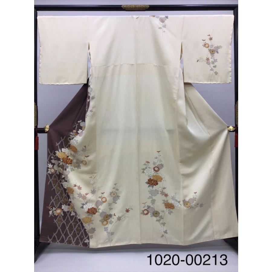 着物 訪問着 未使用 中古 花柄 クリーム色 正絹 裄68cm レディース